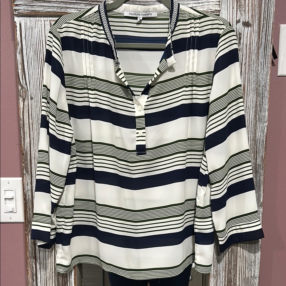 Collective Concepts Navy and Olive Striped Blouse